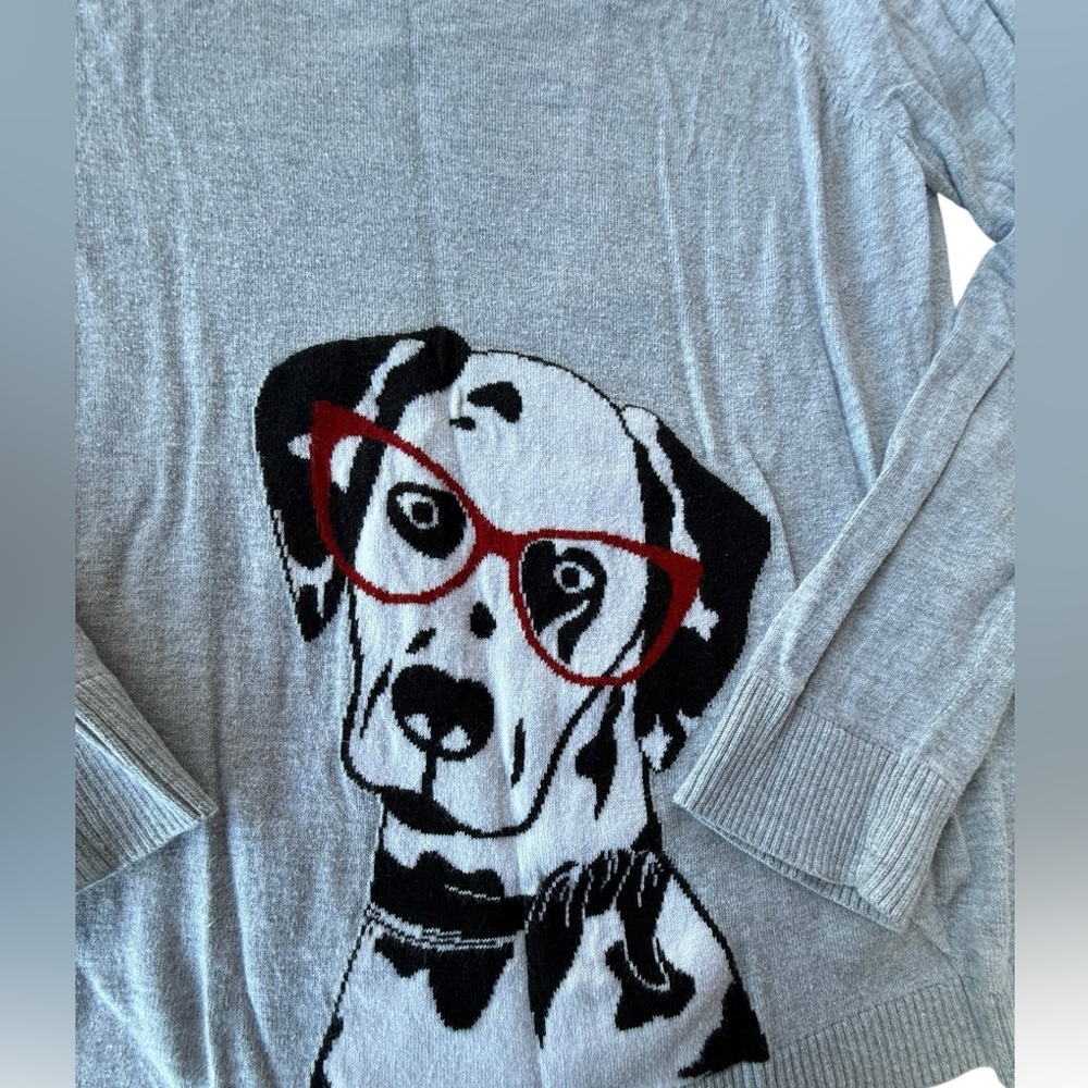 Talbots Light Gray Dog Graphic Crewneck Sweater with Red Glasses - Picture 2 of 5